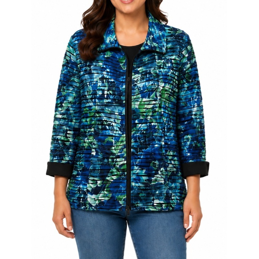 Toni Morgan Jacket Women L Blue Floral Textured Full Zip Stretch Career Travel